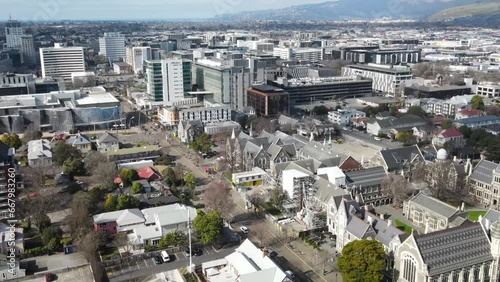 Christchurch aerial cityscape of historic buildings, museum, art gallery and university.
