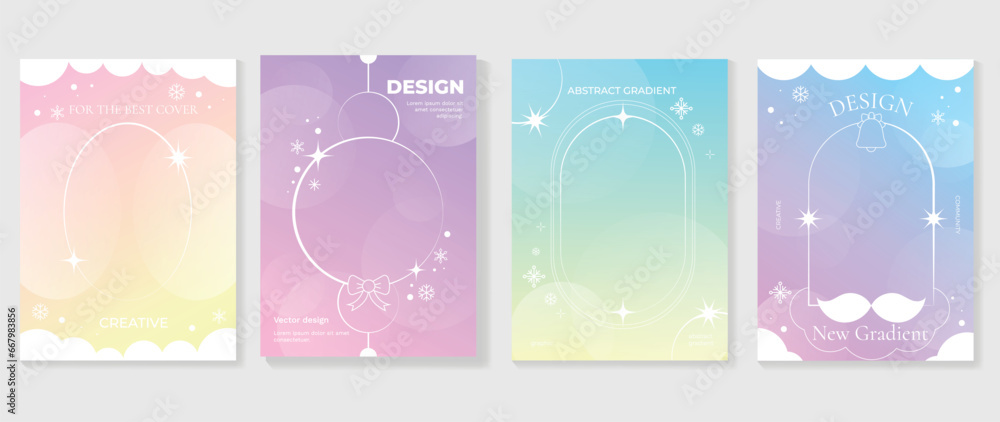 Merry christmas concept posters set. Cute gradient holographic background vector with pastel color, snowfall, santa, bell. Art trendy wallpaper design for social media, card, banner, flyer, brochure. - obrazy, fototapety, plakaty 