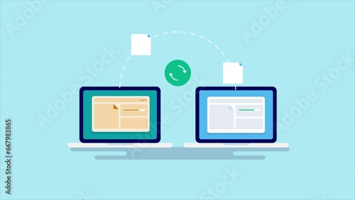 File exchange, information data transfer between two laptops, website migration concept, changing website structure syncing data from web sources, video animation 2d clip.