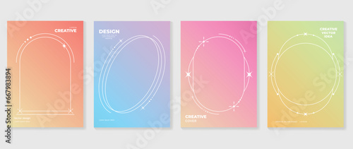 Merry christmas concept posters set. Cute gradient holographic background vector with pastel color, star, sparkle, border. Art trendy wallpaper design for social media, card, banner, flyer, brochure.
