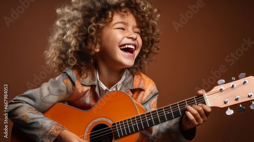 A joyful child playing guitar is isolated on a clean studio background with copy space. Creative banner for children's music school