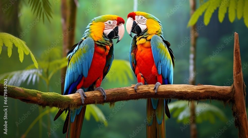 A pair of colorful macaws in a tropical forest, their vivid plumage a riot of colors.