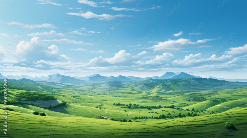 A panoramic view of rolling green hills, stretching endlessly into the horizon.