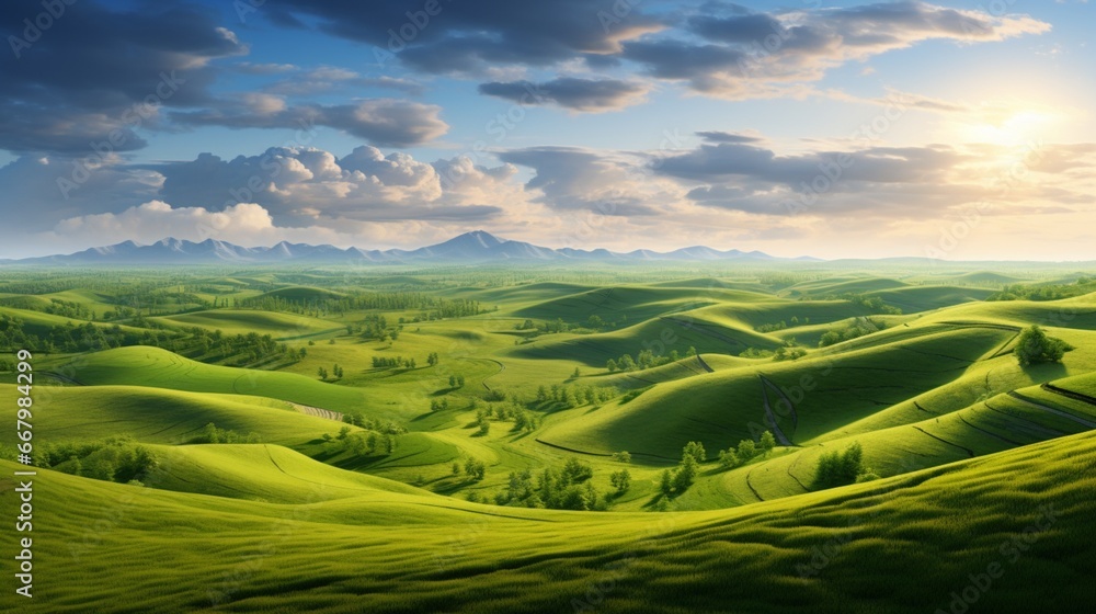 A panoramic view of rolling green hills, stretching endlessly into the horizon.