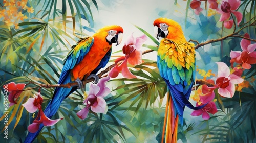 A pair of colorful macaws in a tropical forest, their vivid plumage a riot of colors.