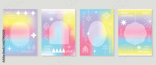 Merry christmas concept poster set. Cute gradient holographic background vector with vibrant color, pine, ball, sparkle, snowflakes. Art trendy wallpaper design for social media, card, banner, flyer.