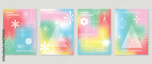 Merry christmas concept poster set. Cute gradient holographic background vector with vibrant color, pine, ball, flower, snowflakes. Art trendy wallpaper design for social media, card, banner, flyer.