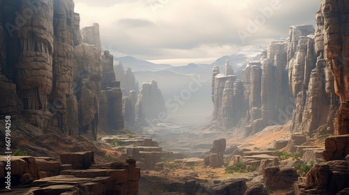 A panoramic view of a vast canyon  with layered rock formations etched by time.