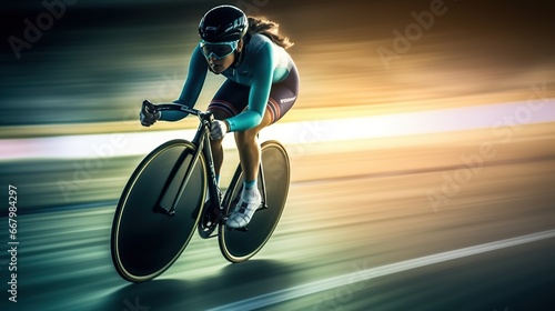 Beautiful young woman in sportswear cycling on the track.