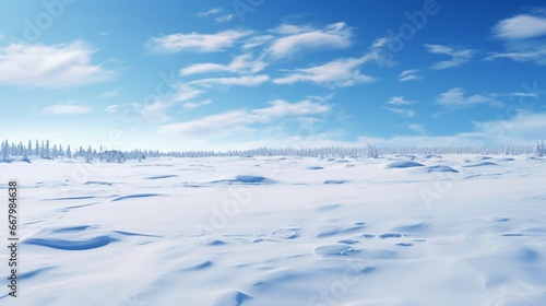 A pristine snow-covered landscape, untouched and pure, under a pale winter sun.