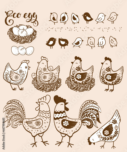 Set of hand drawn doodle hen in a nest with little chicks. A collection of funny domestic birds