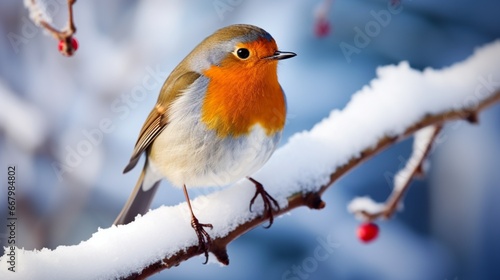 A red robin perched on a snow-covered branch, its vibrant colors standing out against the white. © baloch