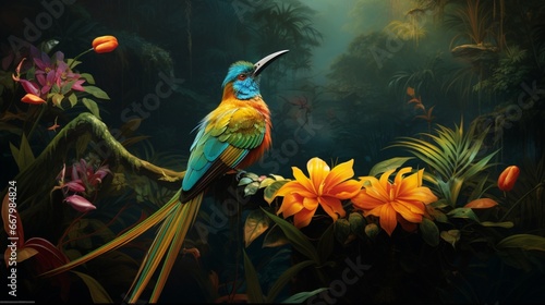 A rare bird-of-paradise displaying its exquisite plumage in a tropical setting.