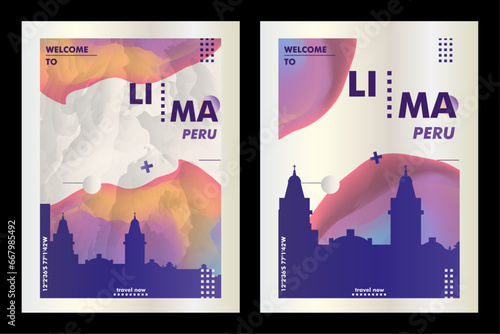 Lima city poster pack with abstract skyline, cityscape, landmark and attraction. Peru travel vector illustration layout set for vertical brochure, website, flyer, presentation