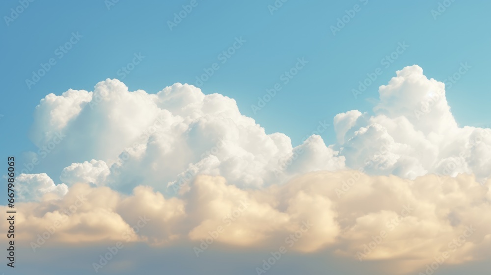 Beautiful sky on colorful gentle light day background. Sunny and fluffy clouds with pastel tone and idyllic color backdrop. Picturesque generative ai