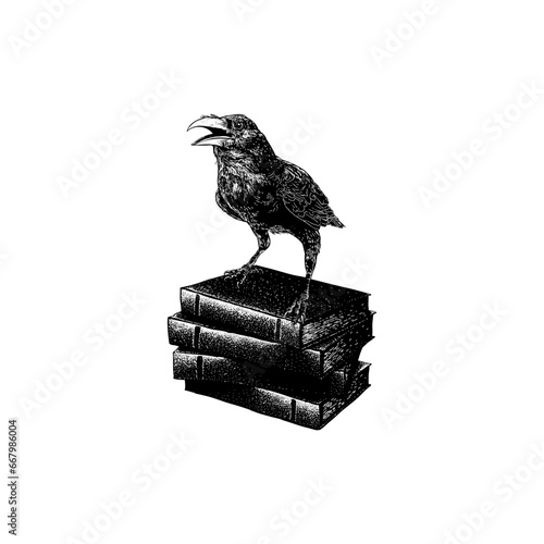 raven on pile of books hand drawing vector isolated on background.