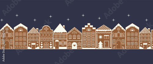Night Cityscape Gingerbread Village seamless border. City houses street with stars pattern. Winter holiday Landscape. Vector illustration