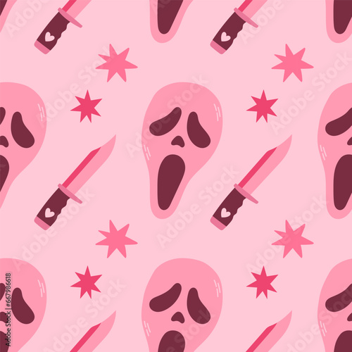 Pink Halloween seamless pattern vector illustration. Pink print in flat style. Halloween lettering quote