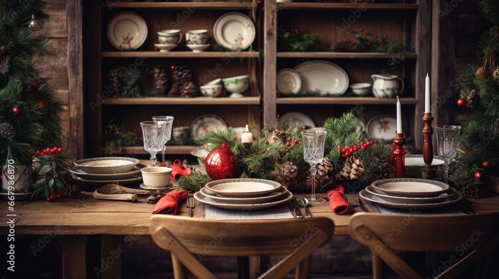 A rustic wooden table set with festive Christmas dinnerware, awaiting a feast.
