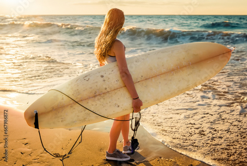 Pretty young woman and her surfboard at sunset photo