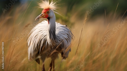 A secretary bird strutting through tall grass, its long legs and lashes prominent.