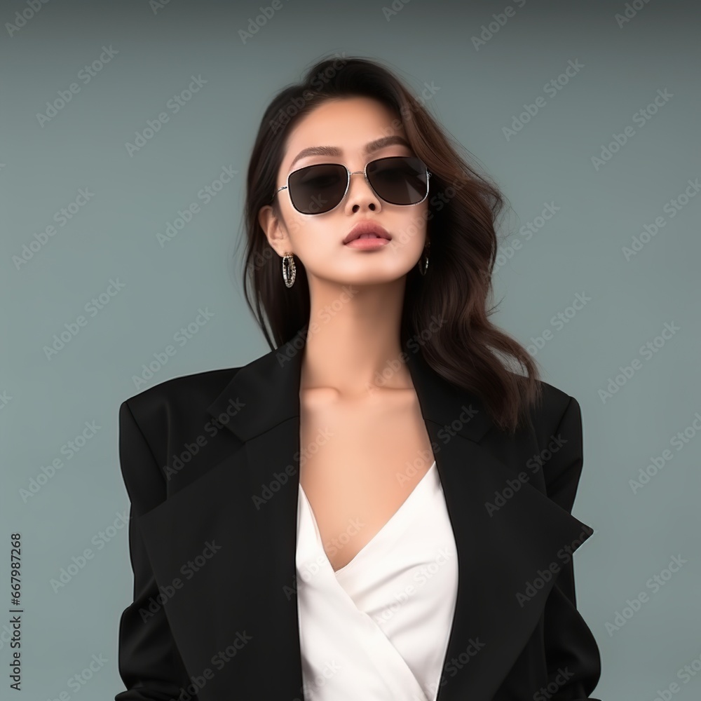 Young sexy Asian woman in black clothes and sunglasses on a dark background Young sexy Asian woman in black clothes and sunglasses on a dark background