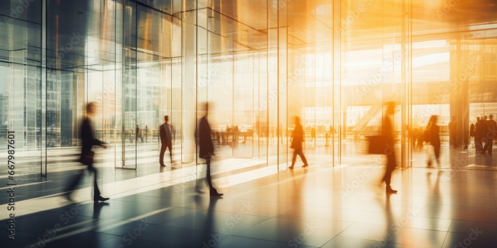  Employees Gracefully Walking Through an Office Building, Their Forms Blurred Against the Glazed Surfaces, Capturing the Dynamic Pulse of the Professional World in a Modern Office Environment