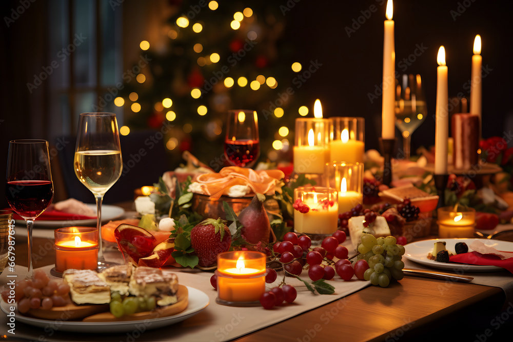 Beautiful christmas holiday dining table decorated prepared for new year's eve