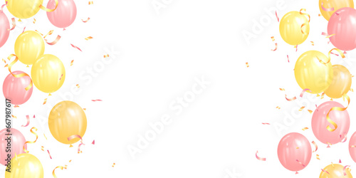 Baby shower invitation with helium balloons beige and yellow on white background. It's a girl. Vector illustration