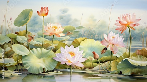 A serene lotus pond  blossoms in full bloom  dragonflies hovering above.