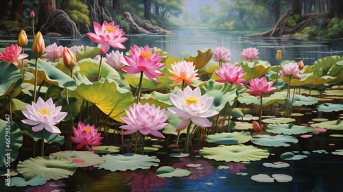 A serene lotus pond with blossoms in various stages of bloom  their colors resplendent.