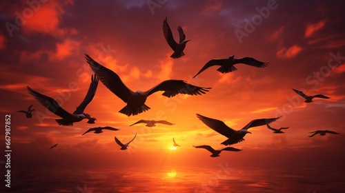 A silhouette of a flock of birds, taking off against a fiery sunset.