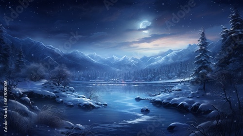 A snowy landscape illuminated by a full moon, capturing the silent magic of Christmas Eve.