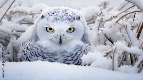 A snowy owl camouflaged perfectly against a winter landscape, its eyes sharp and focused.