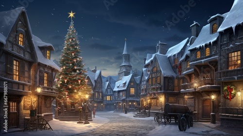 A snowy village square with a tall Christmas tree lit up in the center.