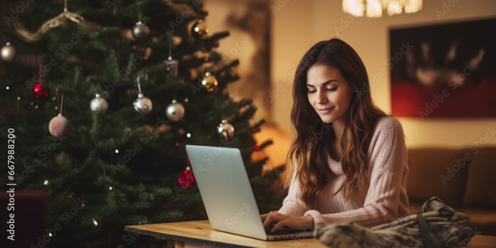 online christmas shopping, Woman Enjoys the Warmth of Her Living Room Adorned with a Christmas Tree, While She Sits by a Wooden Table and Embarks on Festive Online Shopping online christmas shopping, Woman Enjoys the Warmth of Her Living Room Adorned with a Christmas Tree, While She Sits by a Wooden Table and Embarks on Festive Online Shopping