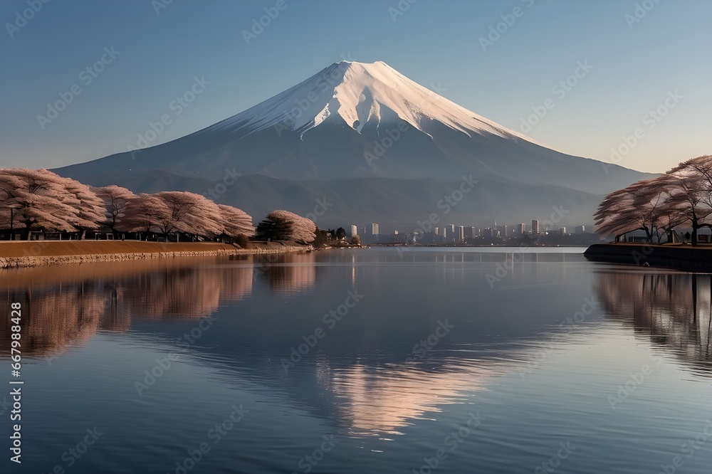 Mt Fuji and Cherry Blossom at Kawaguchiko lake in Japan