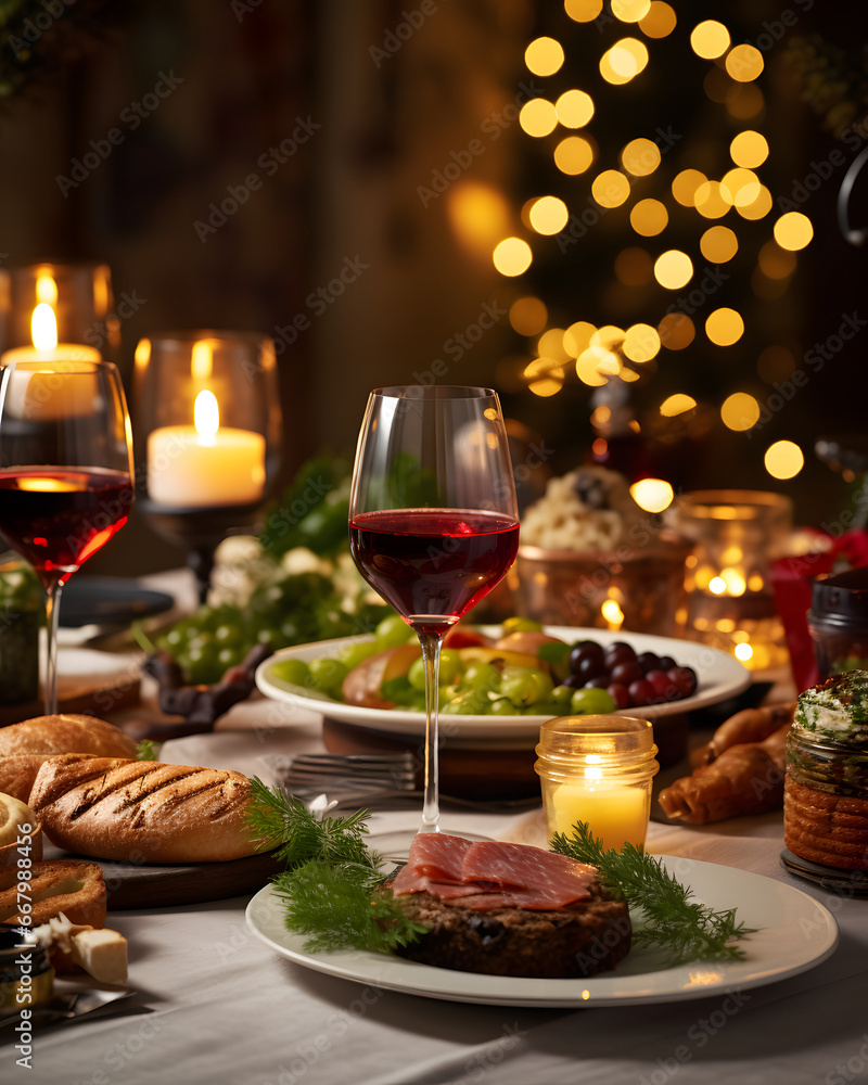 Beautiful dining table setting with christmas party with fir elegant candles and delicious festive food and wine decorated prepared for new year's eve