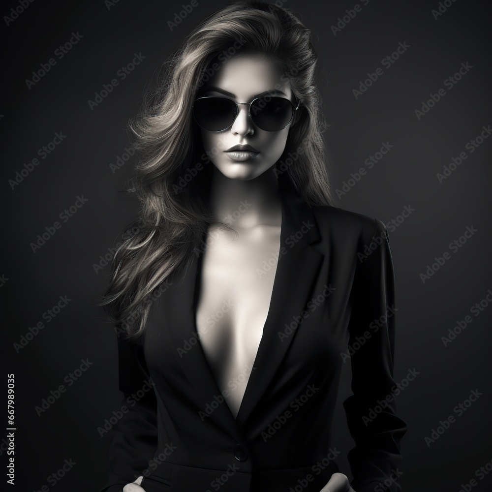 Beautiful sexy woman in black clothes and sunglasses on a dark background Beautiful sexy woman in black clothes and sunglasses on a dark background