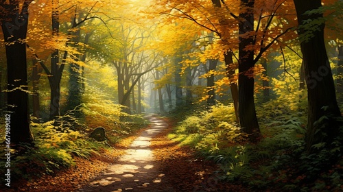 A tranquil forest path  sunlight filtering through the dense canopy of autumn leaves.