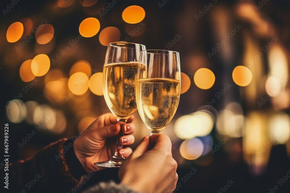 Friends celebrating and champagne glasses with gold bokeh blur background, Generative AI.