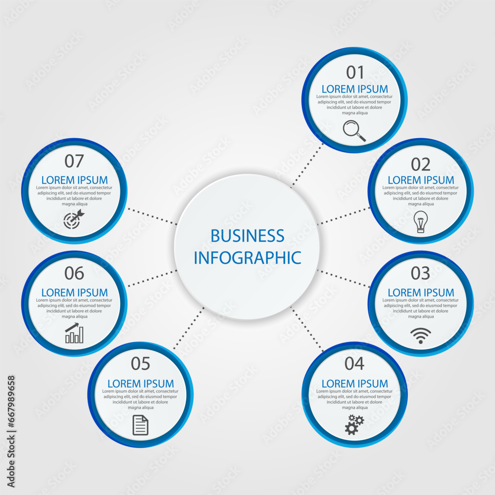 Business Infographic Template Design. Time line minimal concept with 7 options steps and marketing icons. Vector linear infographic with seven connected elements. Can be used for your business gifts Business Infographic Template Design. Time line minimal concept with 7 options steps and marketing icons. Vector linear infographic with seven connected elements. Can be used for your business gifts