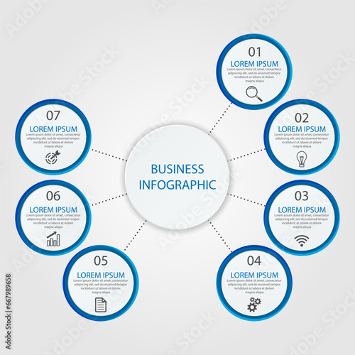 Business Infographic Template Design. Time line minimal concept with 7 options steps and marketing icons. Vector linear infographic with seven connected elements. Can be used for your business gifts