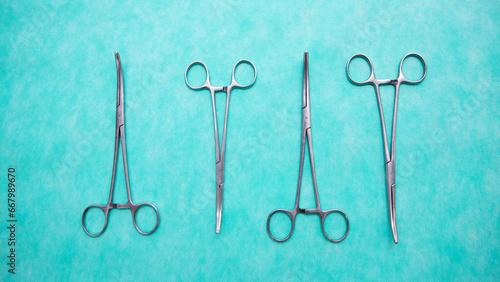 Flat lay of scissors medical instruments. Medical Surgical Instrument. Equipment used in surgery.
