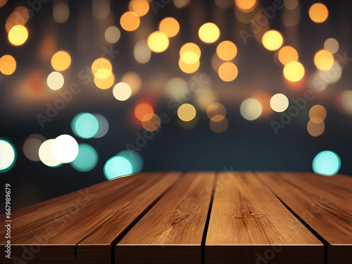 Empty wooden table top with defocused bokeh Christmas Fair lights background. Template for product display. Design ai