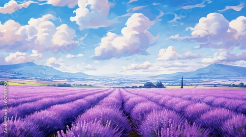 A vast expanse of a lavender field, with rows of vibrant purple under a clear blue sky.
