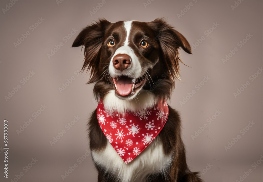 Cute dog with a red christmas ribbon