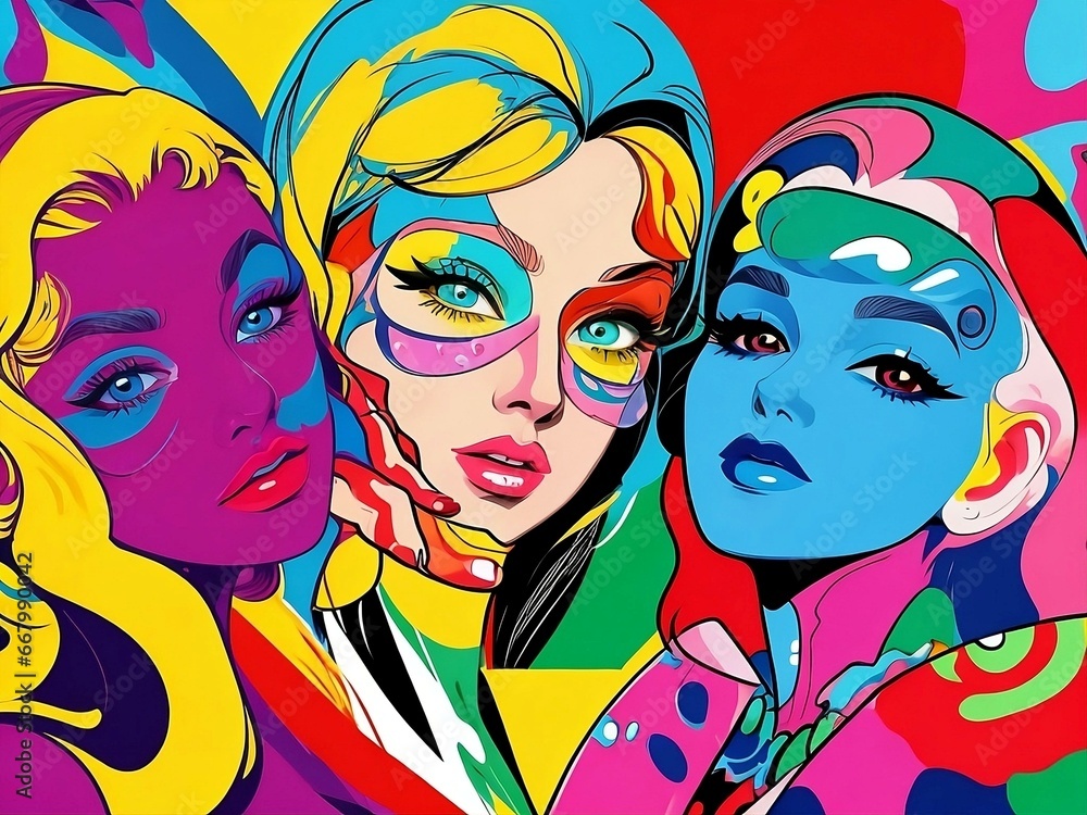 The faces of three beautiful looking women mixed with all the colors The faces of three beautiful looking women mixed with all the colors