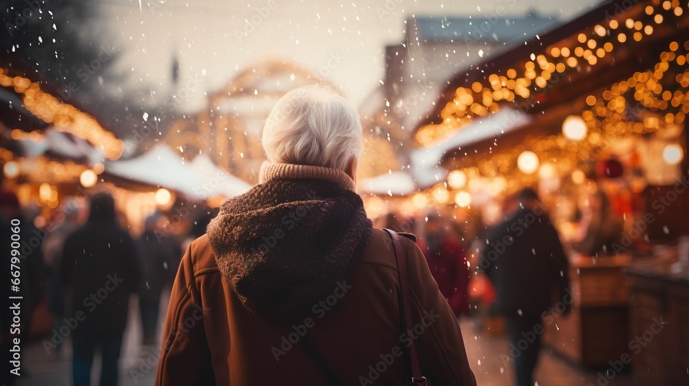 Elderly woman is standing in vibrant Christmas market. Old grandmother looking to festive decorations, twinkling lights and holiday ornaments that add magical touch to the market. Winter season vibe.