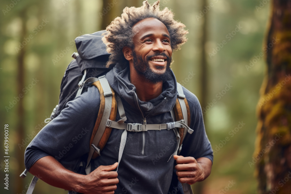 Man with backpack smiling in woods. Perfect for outdoor and adventure themes.